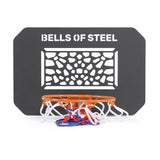 Introducing the Rack Attached Basketball Hoop w/ Ball by Bells of Steel Canada—a perfect addition to your home gym. It features a metal backboard with a geometric pattern and proudly displays the "Bells of Steel" text. The vibrant orange hoop is complemented by an attached white and blue net.