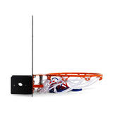 Here's a revised version of the sentence using the given product data:

Side view of the Bells of Steel Canada Rack Attached Basketball Hoop w/ Ball, featuring an orange hoop and net mounted on a black backboard. This design is ideal for integrating into your home gym setup. The hoop, partially obscured by the backboard, reveals spring mechanisms and hangs below for convenient wall mounting above your power rack.