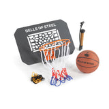 The Rack Attached Basketball Hoop w/ Ball by Bells of Steel Canada is perfect for your home gym. This mini basketball hoop set features a backboard with the "Bells of Steel" branding, an orange hoop, and a red-white-blue net. It includes a branded basketball, a small pump, and a black-and-yellow cord to help you keep your skills sharp even when you're away from the power rack.