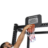 During their workout challenge, a person wearing glasses attempts to dunk a basketball into the Rack Attached Basketball Hoop with Ball by Bells of Steel Canada. This hoop, part of their versatile home gym setup, features a white backboard and net with blue and orange accents.