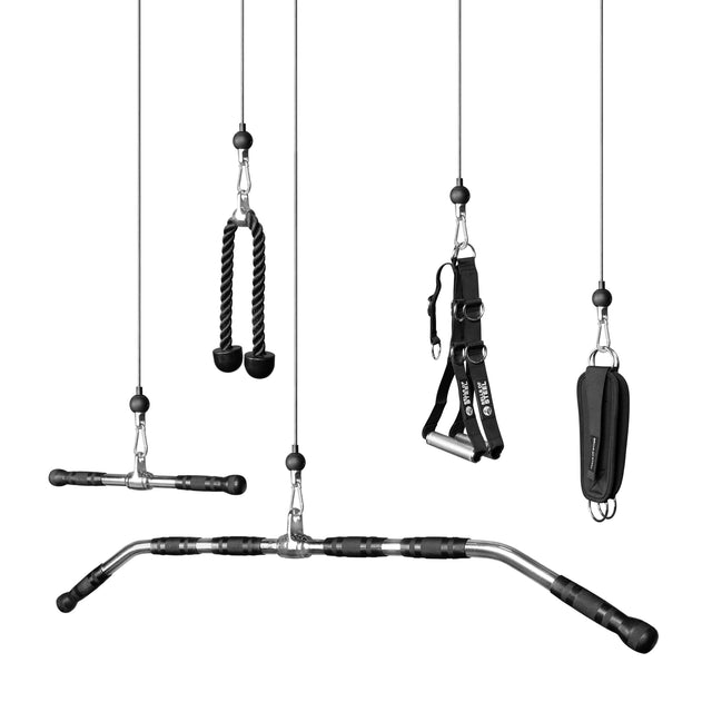 The Bells of Steel Cable Accessory Bundle features five carabiner-compatible attachments—rope, straight bar, handle strap, ankle strap, and wide grip lat pulldown bar—suspended by cables against a white background.