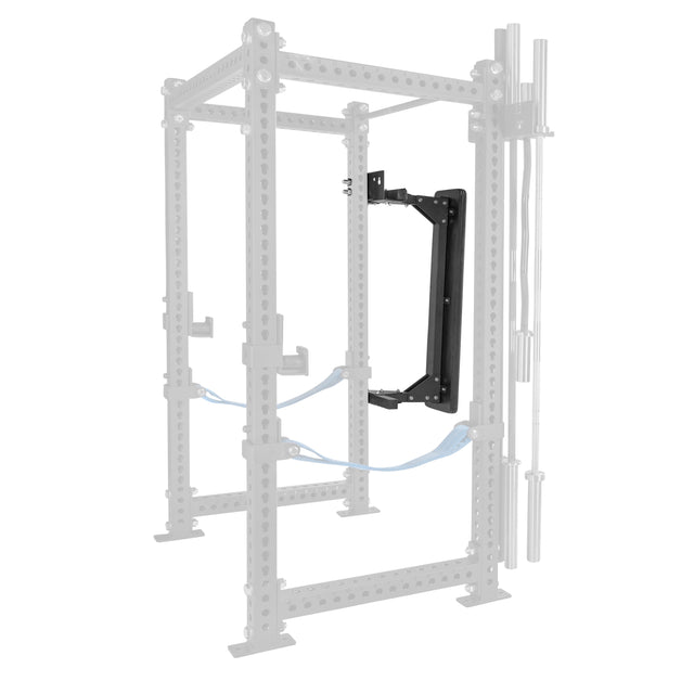 A Bells of Steel Wall or Rack Mounted Bench Hanger is highlighted on the side of a gray power rack with blue safety straps and barbell storage, while the rest of the rack appears faded.