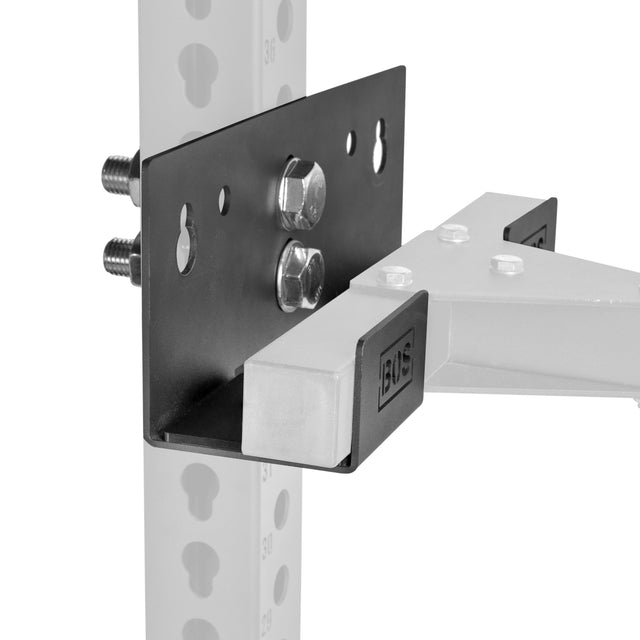 Close-up of the Bells of Steel Wall or Rack Mounted Bench Hanger bolted to a post with evenly spaced holes. The bracket supports a horizontal arm with a BOS rubber end cap; hardware and connections are clearly visible.