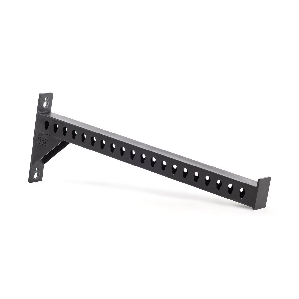 The Bells of Steel Utility Arm is a steel wall-mounted bracket with evenly spaced holes on the horizontal support, ideal for home gym shelving or structural support. It includes a flat vertical mounting plate with two screw holes for secure wall attachment, enhancing your space's utility.