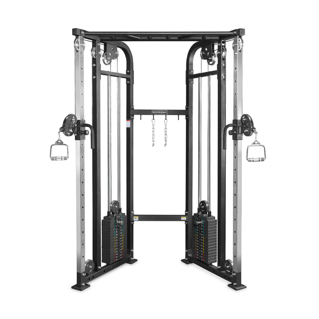 The Bells of Steel Functional Trainer is a versatile gym machine with dual adjustable pulleys, two weight stacks, and handles for a wide range of strength training exercises.