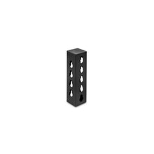 The Bells of Steel Rack Junctions - 3" x 3" is a black rectangular metal block with six evenly spaced holes on each visible side, perfect for customizable rack setups, shown standing upright against a white background.