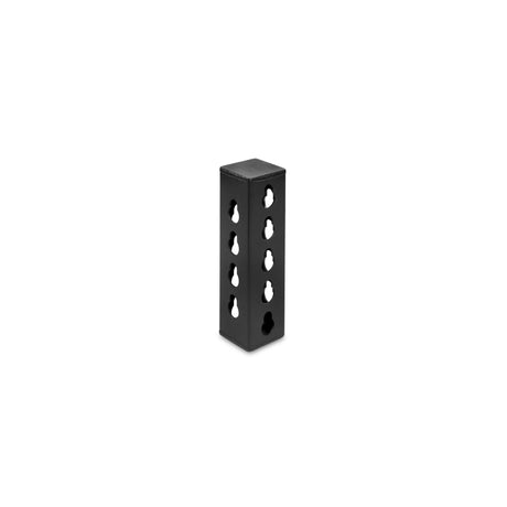 The Bells of Steel Rack Junctions - 3" x 3" is a black rectangular metal block with six evenly spaced holes on each visible side, perfect for customizable rack setups, shown standing upright against a white background.