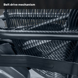 Close-up of the Blitz Air Bike’s belt drive mechanism by Bells of Steel, featuring interwoven black belts and metal components that highlight its intricate commercial-grade design. The top text reads, "Belt drive mechanism.