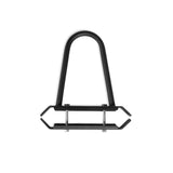 The Bells of Steel Divider for Bumper Plate Shelf (Pack of 3) is a black U-shaped metal bracket with two bolts and a crossbar, perfect for mounting on storage shelves to organize your space. Shown on a white background.
