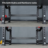 Two Bells of Steel Crossmember For Converter Bench - 43" units are shown side by side on a gray floor, demonstrating compatibility with both Hydra and Manticore setups. White text states, “Fits both Hydra and Manticore racks.”.