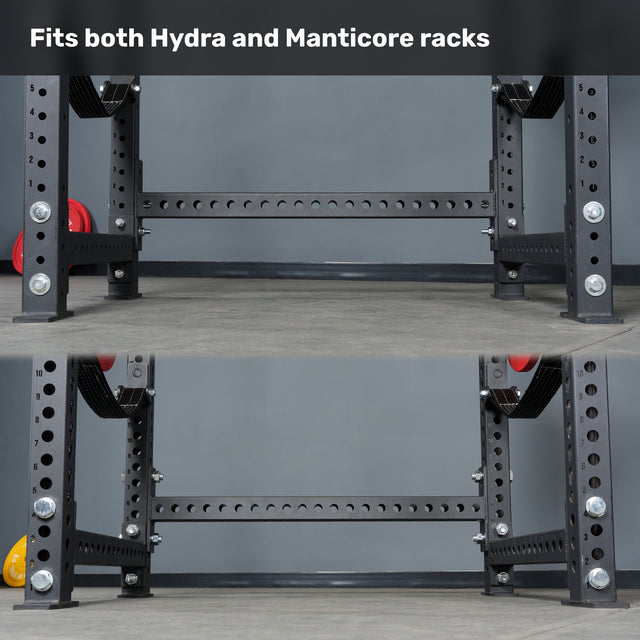 Two Bells of Steel Crossmember For Converter Bench - 43" units are shown side by side on a gray floor, demonstrating compatibility with both Hydra and Manticore setups. White text states, “Fits both Hydra and Manticore racks.”.