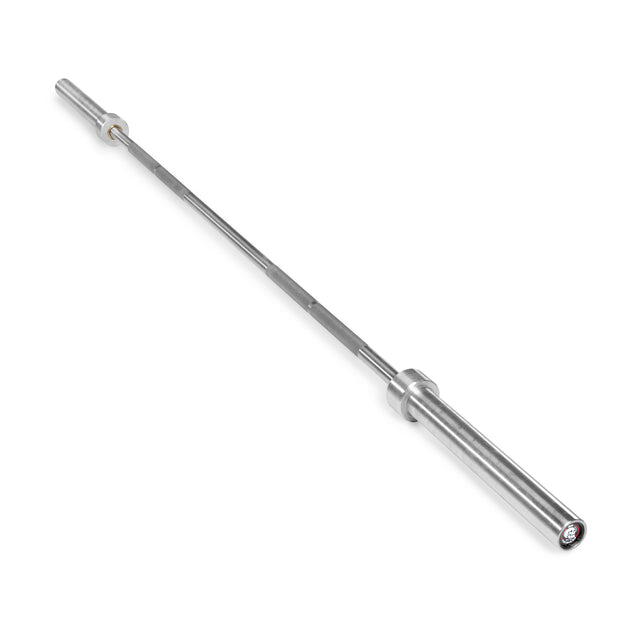 The Bells of Steel Deadlift Bar, a silver Olympic weightlifting barbell with knurled grips and rotating sleeves on both ends, is shown at an angle on a white background.