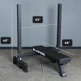 The Bells of Steel Hydra Two Post Converter Bench, 48" long and black with branding on the side, sits in a two-post squat rack measuring 60" tall and 43" wide between uprights.
