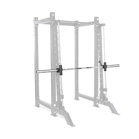 A Bells of Steel Smith Machine Rack Attachment is mounted on a 3x3 rack in faded gray, highlighting the silver barbell with black weight plates. The rack's multiple adjustment holes allow for easy power rack upgrades.