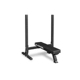 The Hydra Two Post Converter Bench by Bells of Steel is a black adjustable bench with a sturdy frame and side branding, designed to pair seamlessly with gym attachments, set against a plain white background.