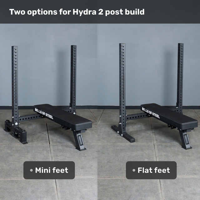Side-by-side comparison of two Bells of Steel Hydra Two Post Converter Benches: left with mini feet, right with flat feet—both shown in a gym setup on a tiled floor against gray walls.