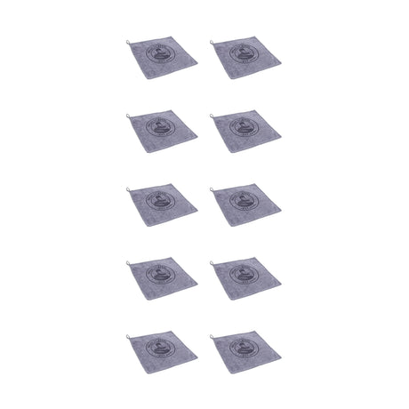 Ten identical gray Bells of Steel Barbell Cleaning Microfiber Towels, each with a circular logo and hanging loop, arranged in a diagonal grid pattern on a white background.