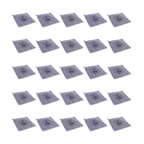 Twenty-four Bells of Steel Barbell Cleaning Microfiber Towels, each gray with a black circular logo, are arranged in a 4x6 grid on a white background—ideal for lint-free barbell cleaning.