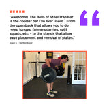 A man lifts a Bells of Steel Open Trap Bar / Hex Bar in a home gym. Above him, a review highlights its versatility and easy plate loading. Purple quote marks and five orange icons are also visible.