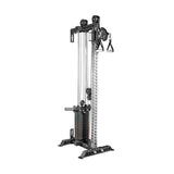 The Bells of Steel Oblivyon Tower - 3" x 3” Cable Tower is a freestanding cable machine with a weight stack, adjustable height, and handle attachments for strength training and resistance exercises.