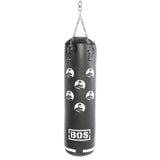 The black Heavy Bag Set by Bells of Steel has six white printed icons of a helmeted person hanging by chains. Ideal for combat sports, the bag's bottom shows the letters "BOS.