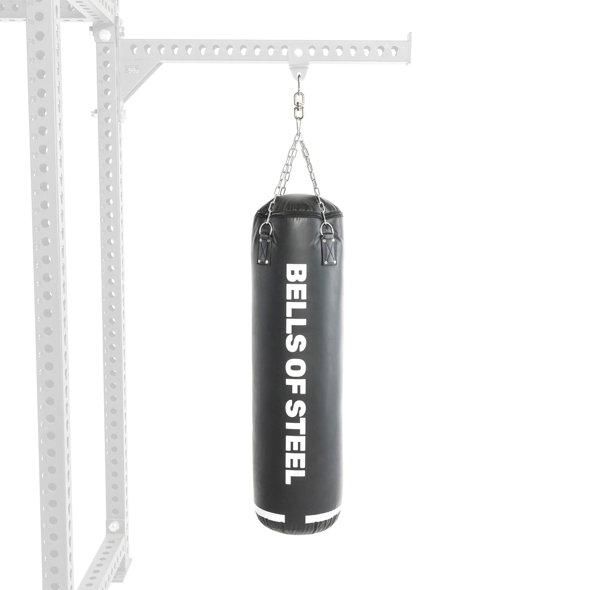 The Heavy Bag Set by Bells of Steel features a black punching bag with white vertical branding. It hangs securely from a metal bracket on chains, mounted to gym perforated metal beams, set against a plain white background.