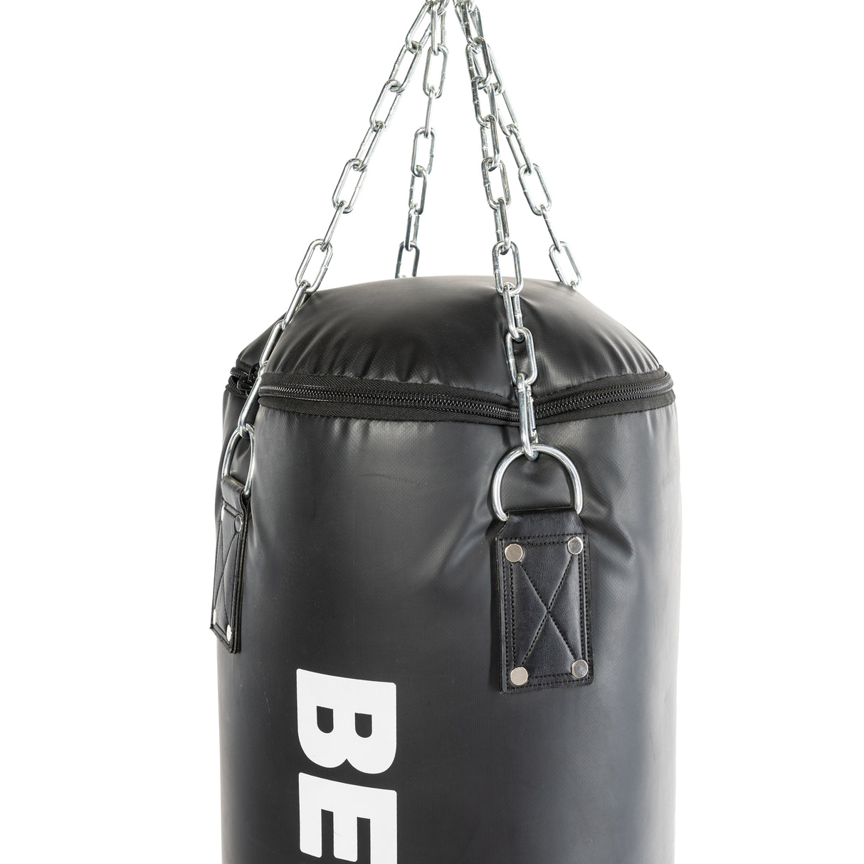 Close-up of Bells of Steel Heavy Bag Set, black with silver chains and metal rings for hanging. Secured with black straps and featuring partial white lettering, it's perfect for combat sports training sessions.