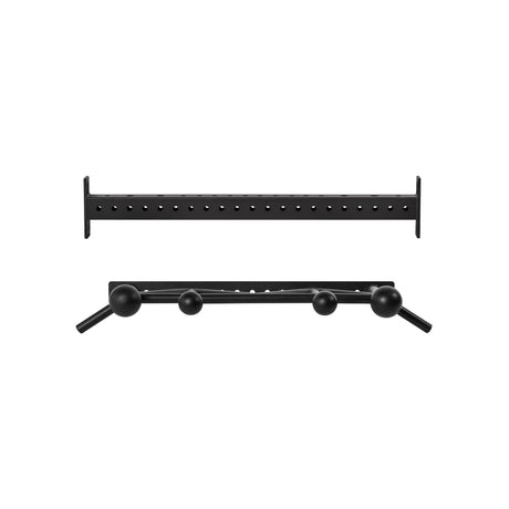 The Bells of Steel Coloured Globe Pull Up Bar set features two black metal attachments: a straight bar with multiple holes and an angled bar with three round grips and handle extensions, displayed on a white background.