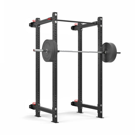 Product picture of the Hydra Folding Power Rack assembled with a loaded barbell