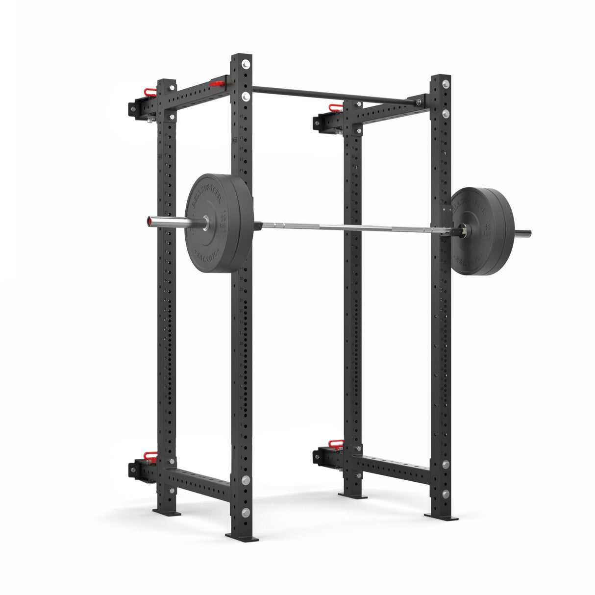 Product picture of the Hydra Folding Power Rack PREBUILT assembled with a loaded barbell