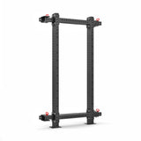 The Bells of Steel Roc Foldable 4 Post Cage Builder features 3" x 3" black steel posts with red hooks, offering modular components and numerous ⅝" holes for personalized setup against a white backdrop, boasting an impressive 1,000-pound capacity.