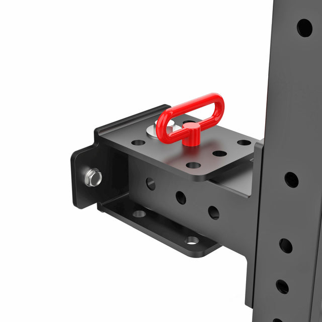 Close-up of a Bells of Steel Roc Foldable 4 Post Cage, featuring black adjustable metal brackets with multiple holes and a red handle. It's perfect for versatile positioning and secure attachment in Hydra rack setups, ideal for modular components.