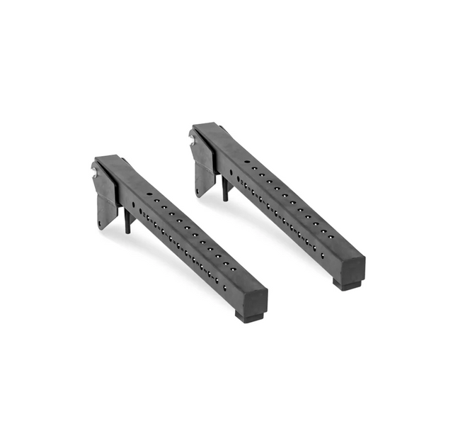 Two adjustable black metal legs with multiple screw holes, reminiscent of Bells of Steel's Lever Arms Rack Attachment, designed to support or level furniture with a square profile and angled mounting brackets.