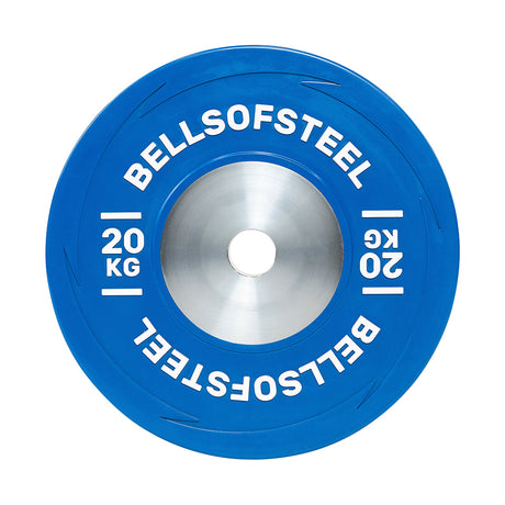 The KG Competition Bumper Plate by Bells of Steel is a blue plate with "Bells of Steel" and "20 KG" in white around a metallic center, ideal for Olympic lifting and weightlifting routines.