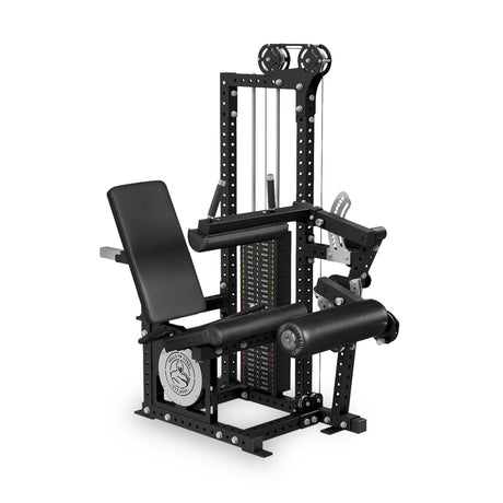 The Bells of Steel Basilisk Stack Loaded Leg Extension / Leg Curl is a black gym machine with padded seat, adjustable backrest, 310 lb weight stack, and pulleys for leg extensions, curls, and upper body exercises.