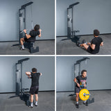 A man demonstrates four exercises on the Bells of Steel Lat Pulldown Low Row Machine: lat pulldown, seated row, cable face pull, and standing bicep curl using a yellow weight plate.