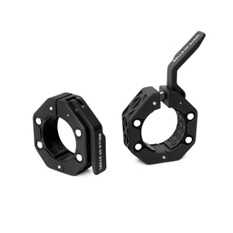 Two black, octagonal Bells of Steel Magnetic Clamp Collars—one open, one closed—feature a textured grip and lever-lock mechanism for secure weight plate clamping.