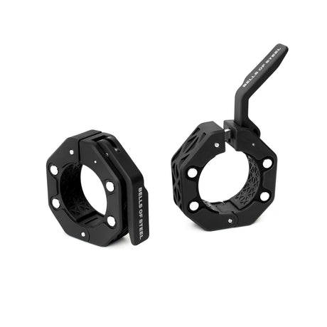 Two black, octagonal Bells of Steel Magnetic Clamp Collars—one open, one closed—feature a textured grip and lever-lock mechanism for secure weight plate clamping.
