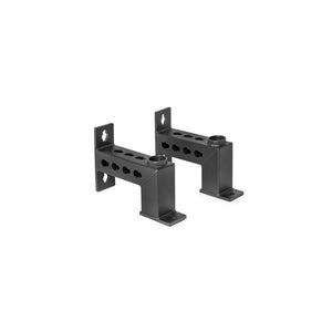 Two black metal Front Foot Stabilizers by Bells of Steel, featuring multiple holes for adjustability, are positioned side by side on a white background—ideal accessories for the TRUE power rack.
