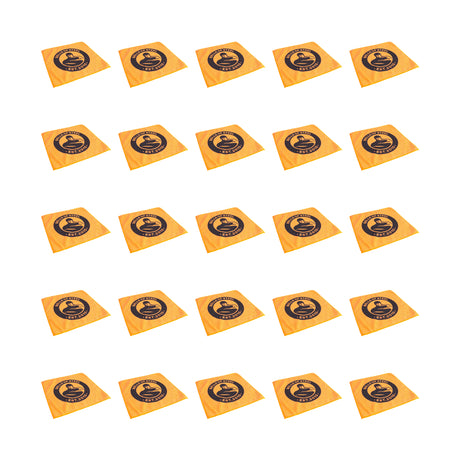 Twenty-five Bells of Steel Barbell Cleaning Microfiber Cloths, orange and lint-free with a central black coffee cup logo, are arranged in a 5x5 grid on a white background.