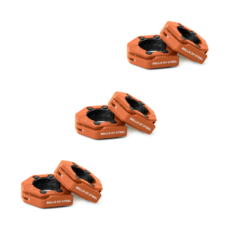 Three pairs of orange, octagonal Magnetic Clamp Collars by Bells of Steel are displayed on a white background, each pair angled differently to highlight these versatile barbell collars.