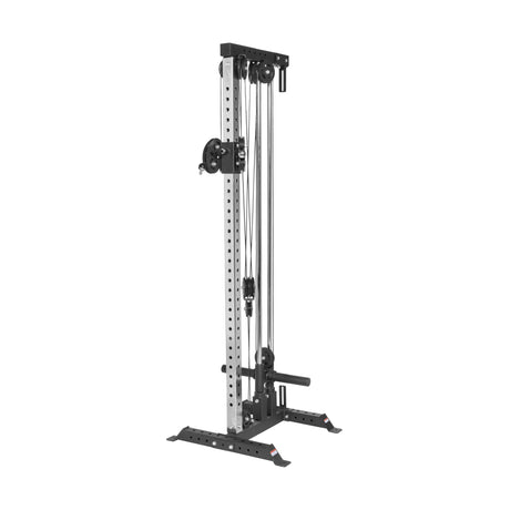 The Bells of Steel Cable Tower features a sturdy metal frame, weight plate holder, and adjustable handle heights for versatile strength training exercises.