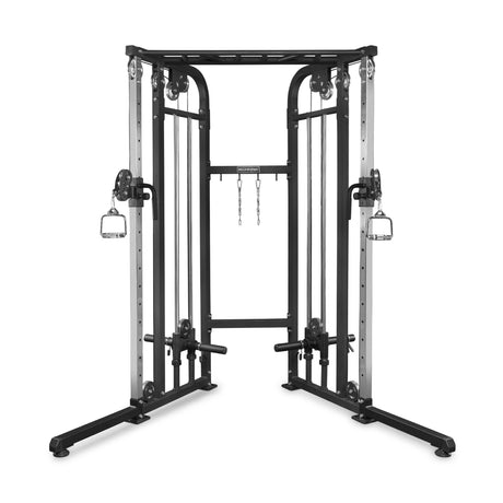 The Bells of Steel Functional Trainer features adjustable pulleys, handles, and a pull-up bar for strength training. Its sturdy black and silver frame stands out against a white background.