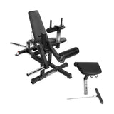 The Bells of Steel Legacy Leg Extension / Hamstring Curl Machine - Plate Loaded in black and silver includes an adjustable bench, preacher curl pad, and bar attachment. The preacher pad and bar are shown detached and placed to the side.
