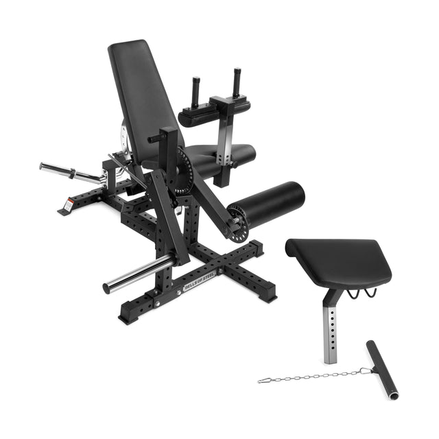 The Bells of Steel Legacy Leg Extension / Hamstring Curl Machine - Plate Loaded in black and silver includes an adjustable bench, preacher curl pad, and bar attachment. The preacher pad and bar are shown detached and placed to the side.