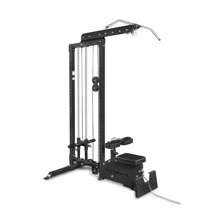 The Bells of Steel Lat Pulldown Low Row Machine is black with adjustable pulleys, a selectorized weight stack, and features a padded seat with leg holder, ideal for strength training.
