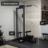 The Bells of Steel Lat Pulldown Low Row Machine is shown in a garage with labeled dimensions: 42" wide, 70" long, and 87" tall. “Small footprint” appears in the top left. Weight plates and gym accessories are nearby.