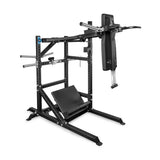 The Bells of Steel Pandemonium Squat is a black, multifunctional 3-in-1 machine with padded backrest and angled footplate—ideal for pendulum squats, calf presses, and Viking presses. Perfect for versatile lower body workouts in any home gym.