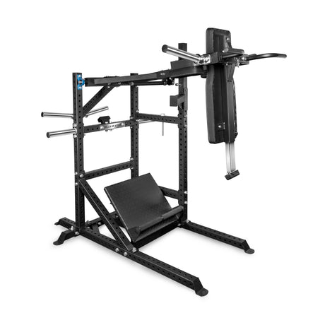 The Bells of Steel Pandemonium Squat is a black, multifunctional 3-in-1 machine with padded backrest and angled footplate—ideal for pendulum squats, calf presses, and Viking presses. Perfect for versatile lower body workouts in any home gym.