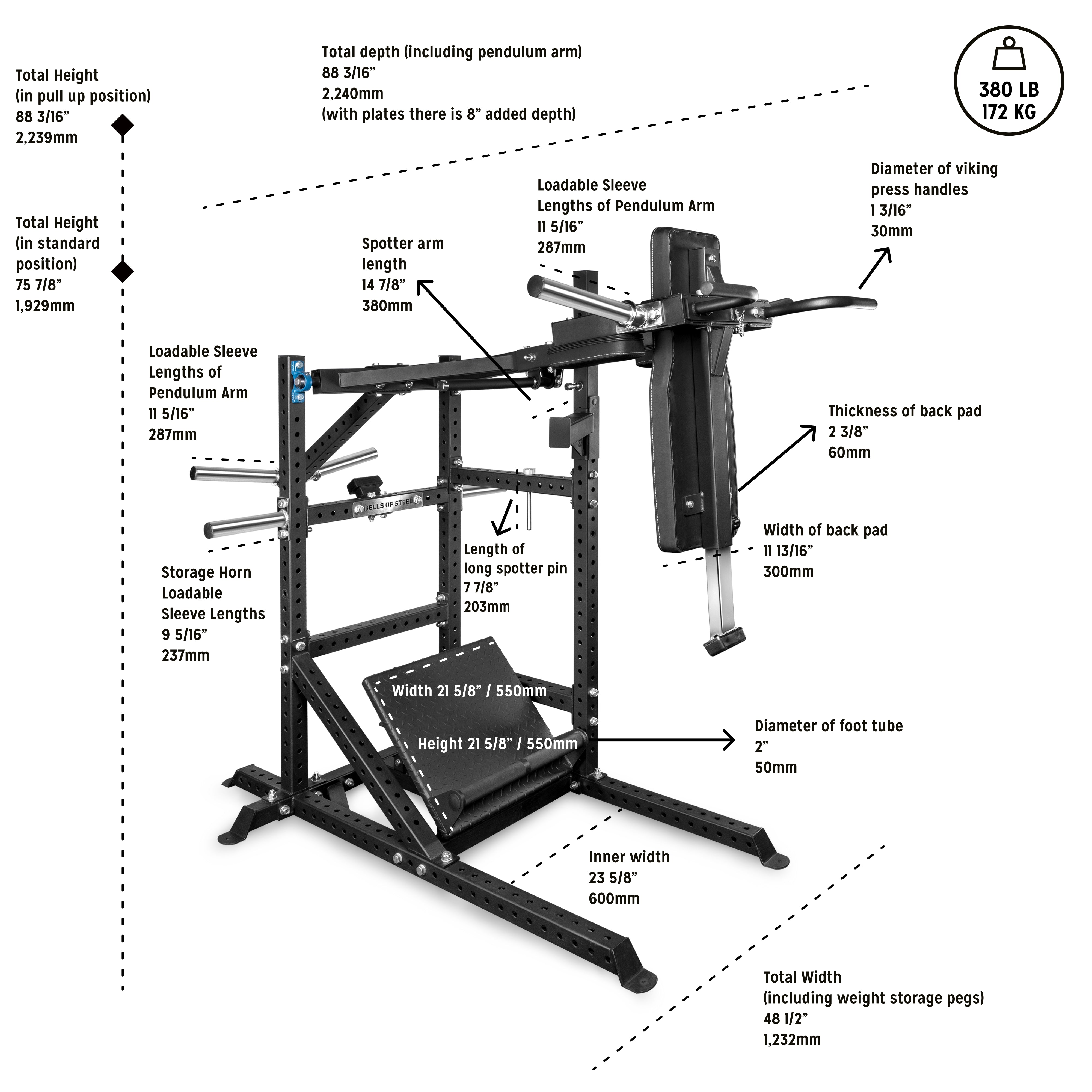 Pandemonium Squat – 3-in-1 Pendulum Squat / Calf Press / Viking